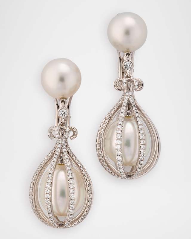 18K White Gold South Sea Pearl Earrings with Diamonds